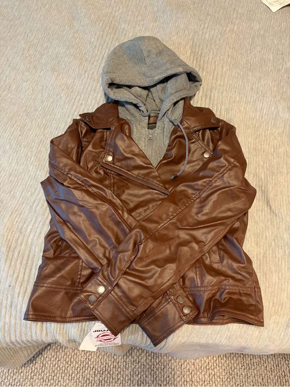 NWT Macy's JouJou Brown Faux-Leather Hoodie Moto Jacket, Size Large